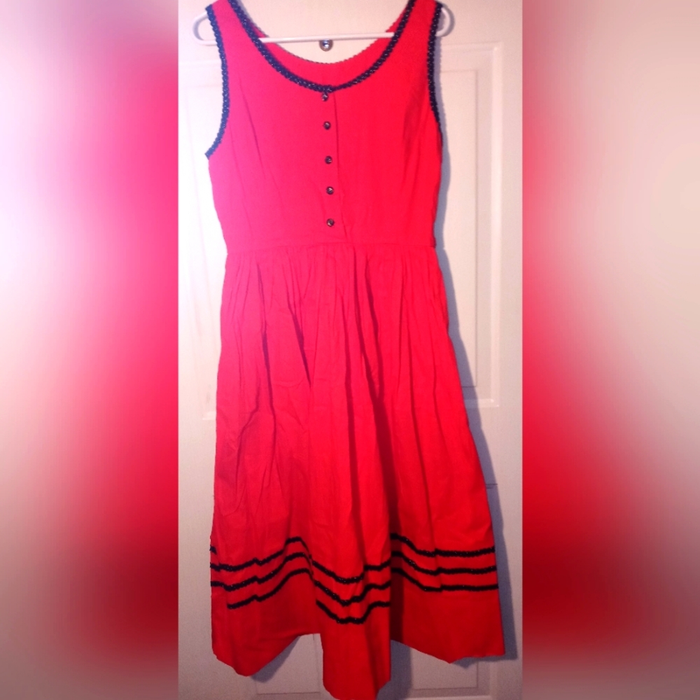 Handcrafted red sleeveless dress with black & gold accent cording M/L